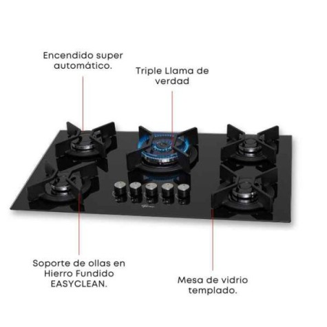 COCINA A GAZ 5H ANAFE FISCHER INFINITY TRIPLE NEGRO